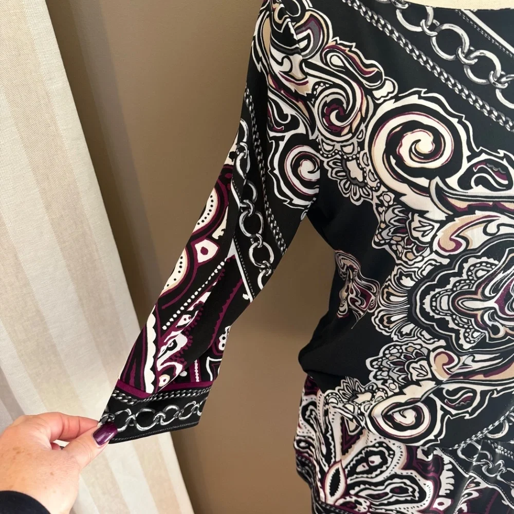 White House Black Market Paisley Chain Link Tunic Top, 3/4 Sleeve, Size Medium - Picture 3 of 10